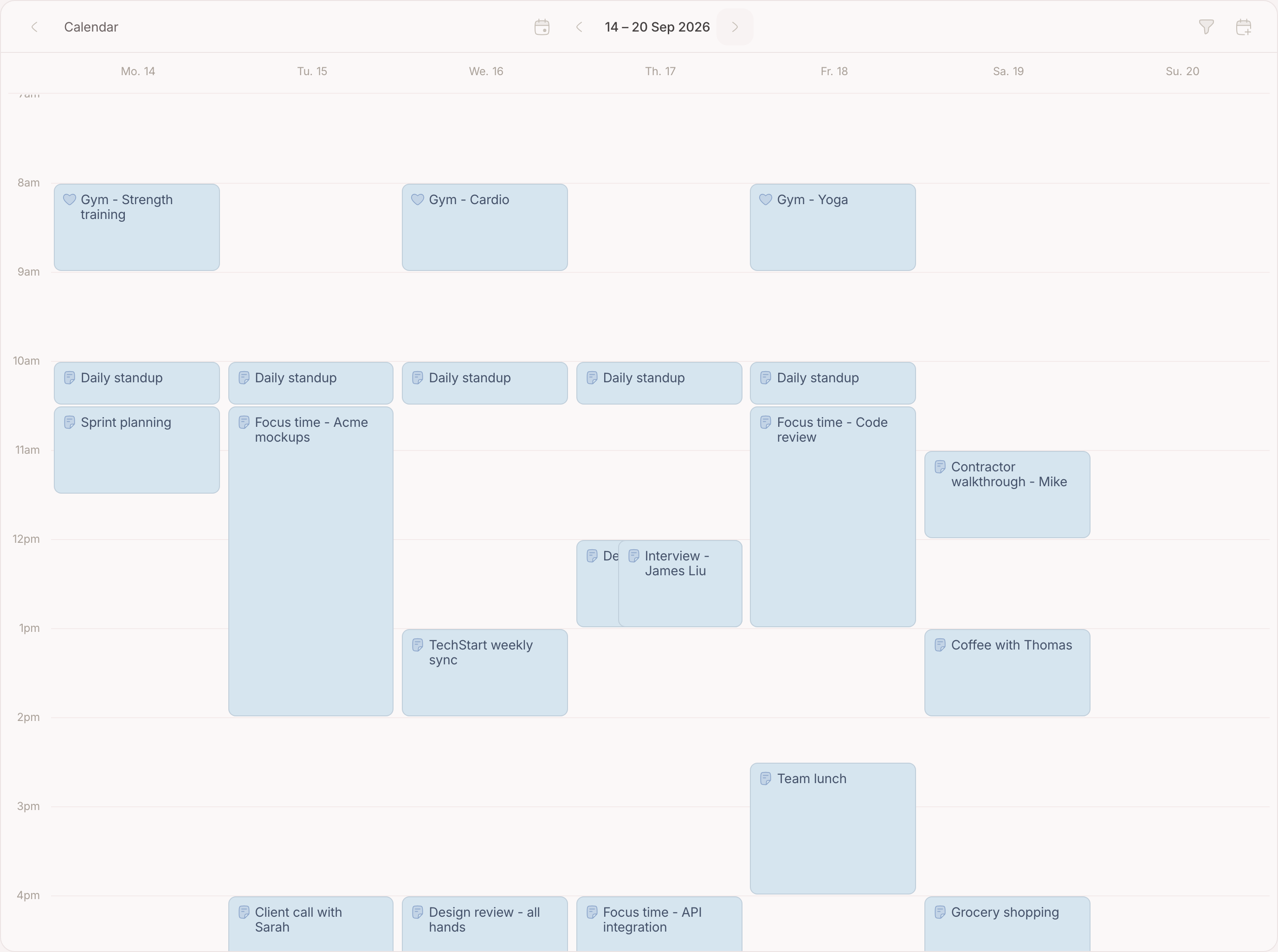 The calendar grid on a week, with the period nav in the topbar and the view options open