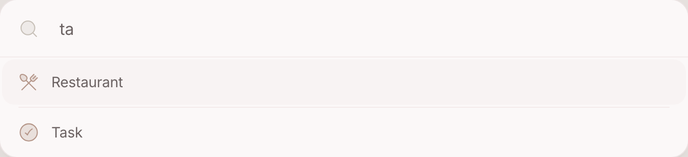 The create form with the category picker open, two letters narrowing it to Task
