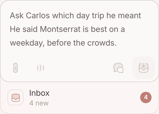 The top of the sidebar: a thought being written in the compose box, with Ask and Save under it, and the inbox attached underneath
