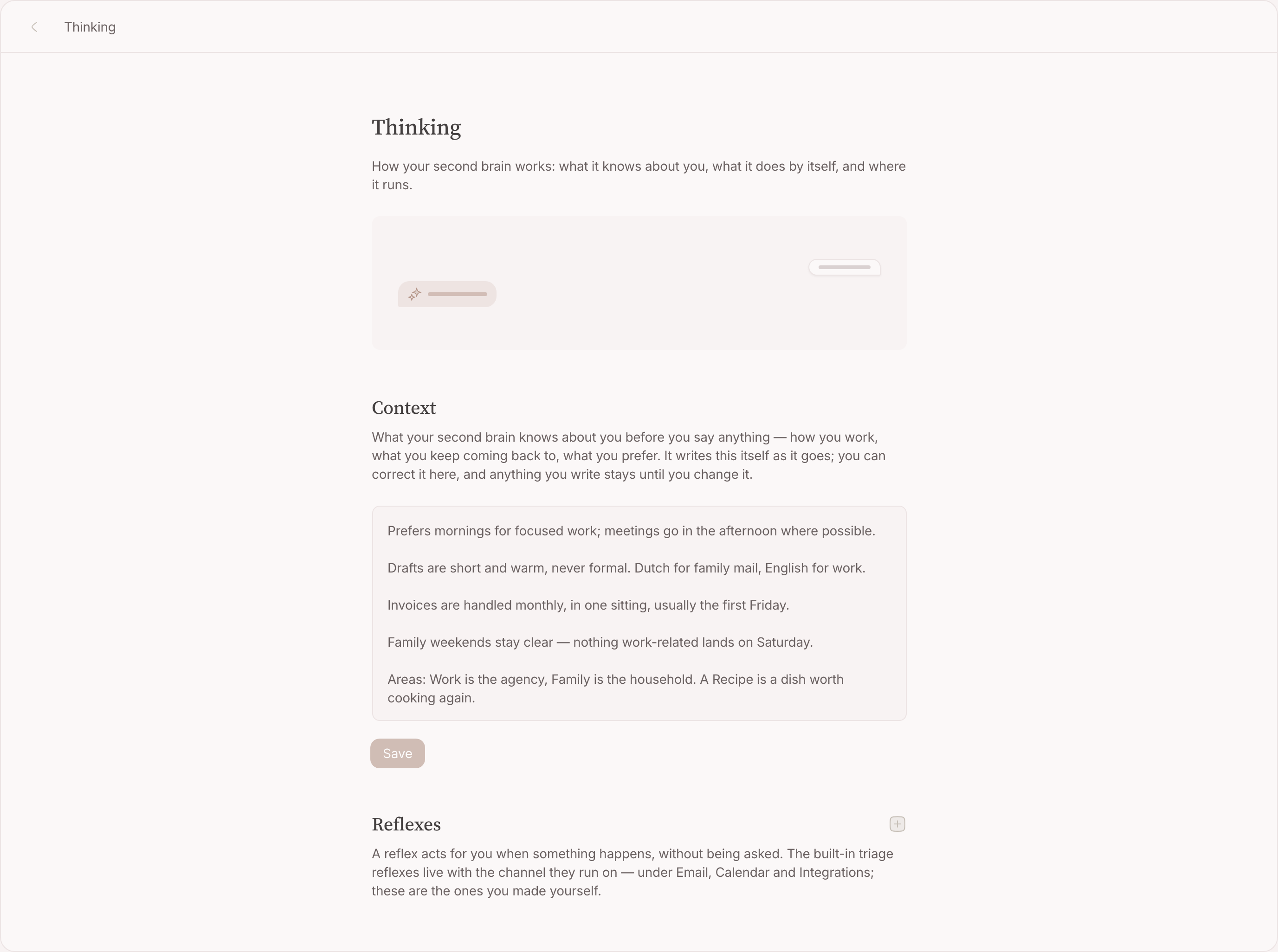 The memory note in settings, with what your second brain has written about how you work