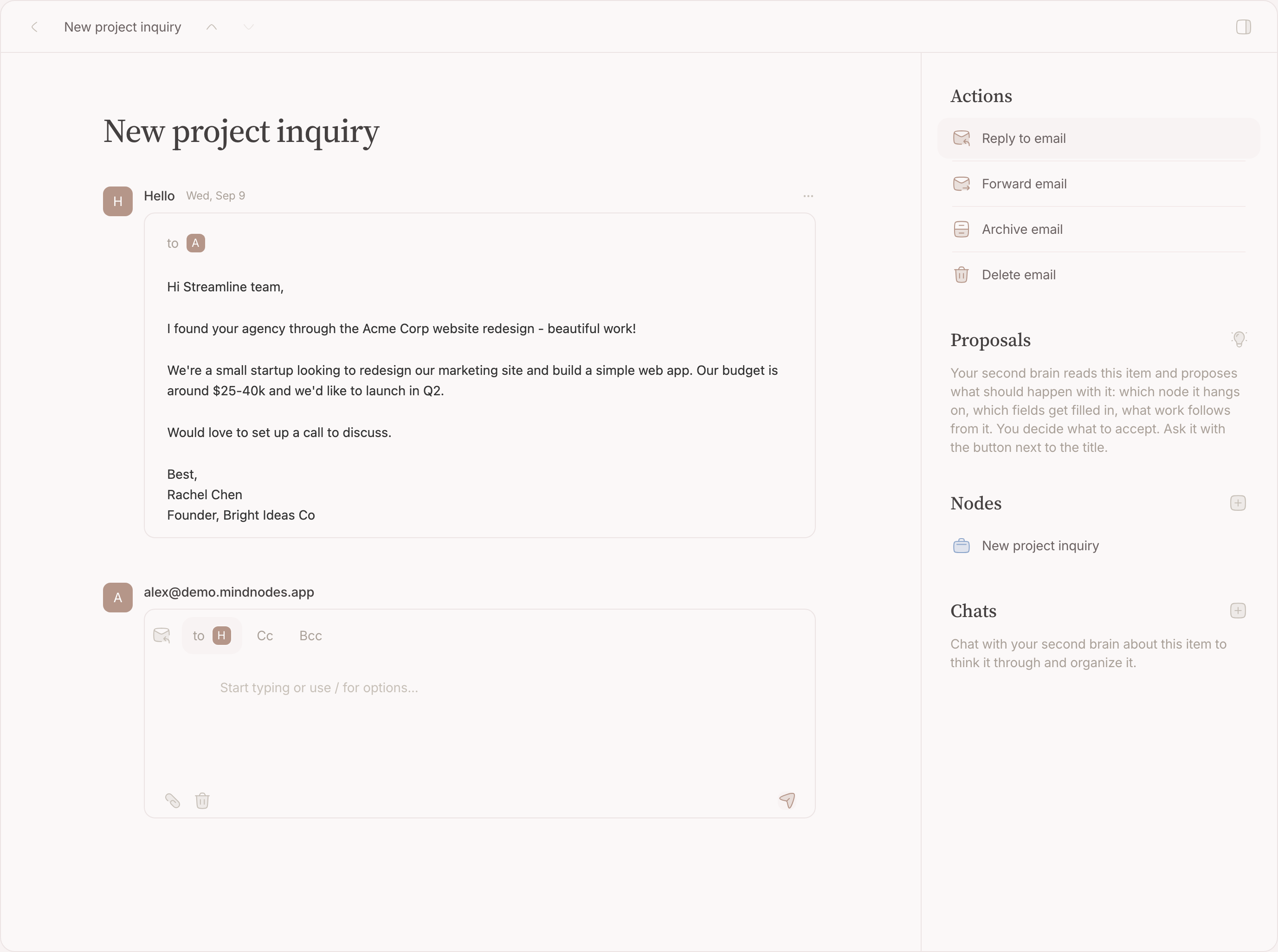 The reply composer under a thread, with the account it will send from