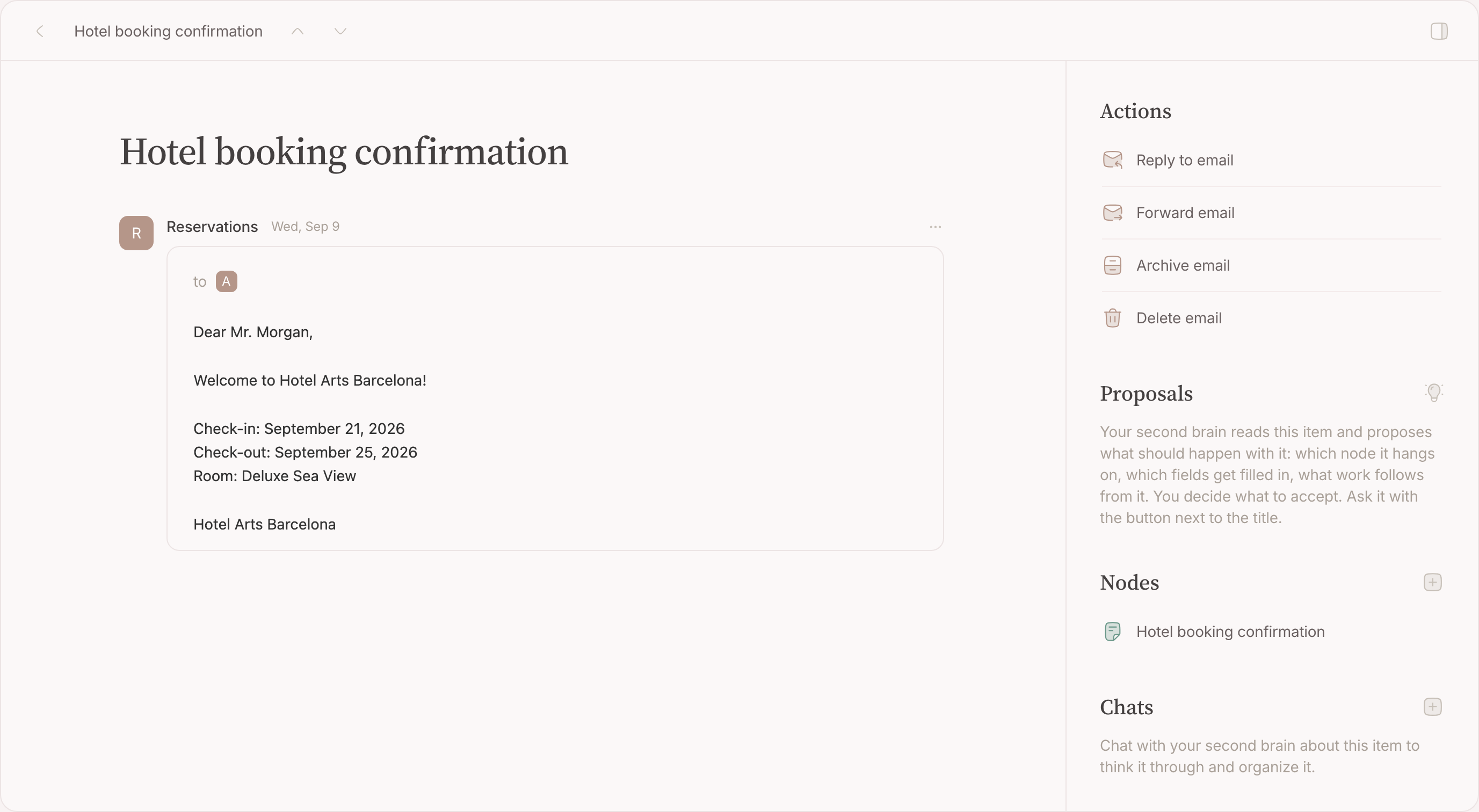 An inbox item open: the thing itself on the left, the nodes it hangs on and its actions on the right