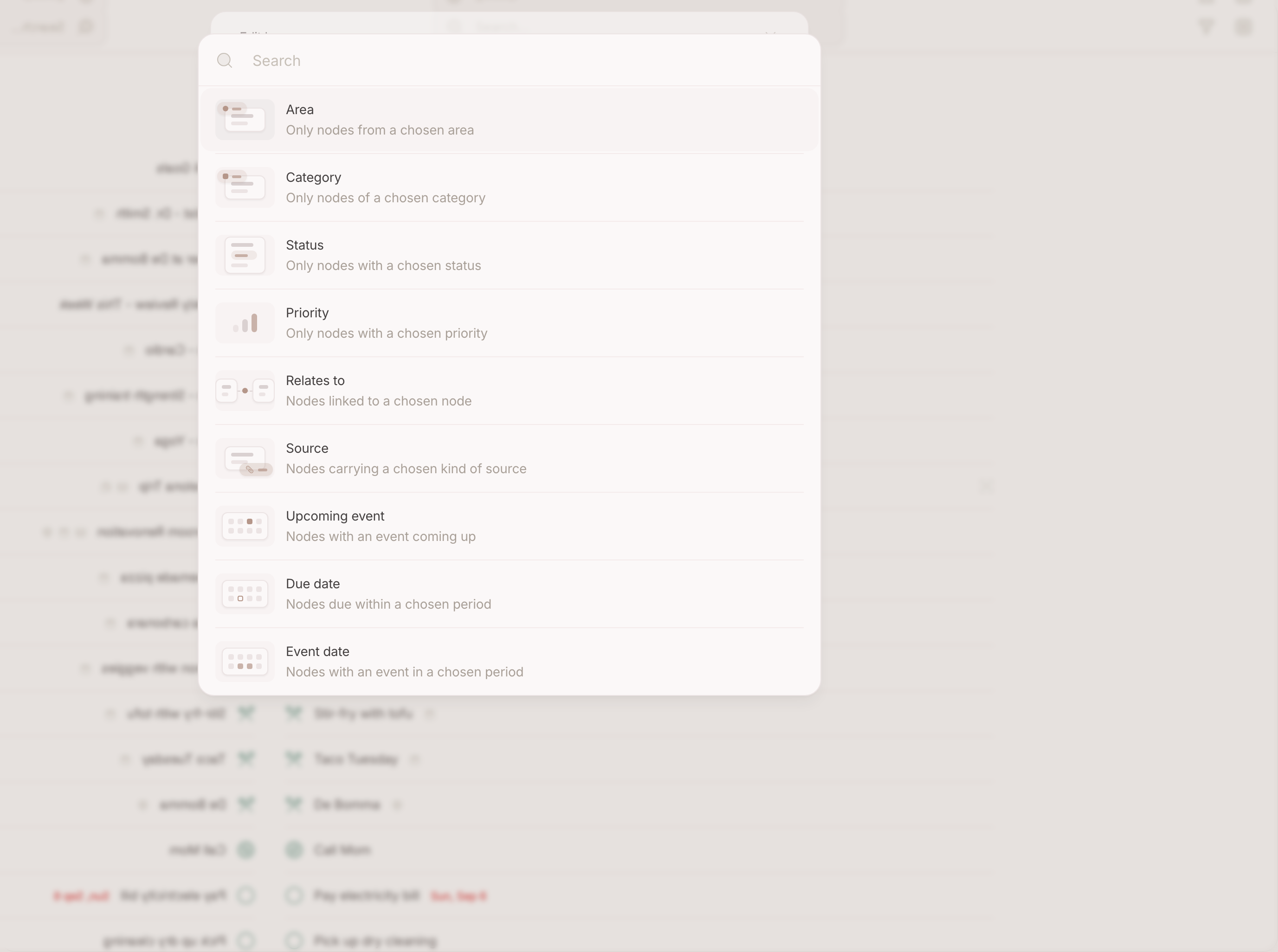 The filter panel with an area and a category row set, and the dot on the topbar button