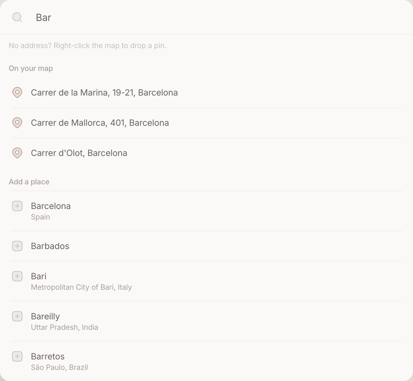 The place search: your own places first, addresses to add underneath