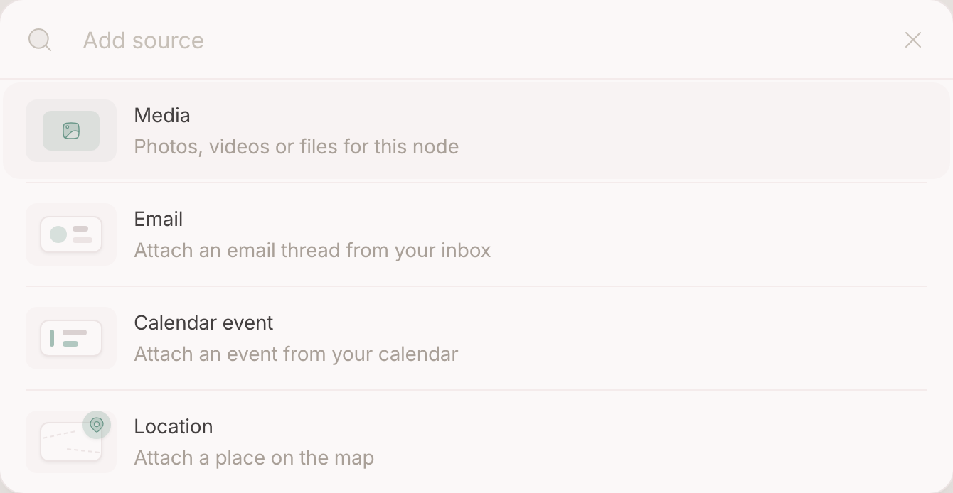 The add-source picker on a node: media first, beside a chat, a mail, an event and a place