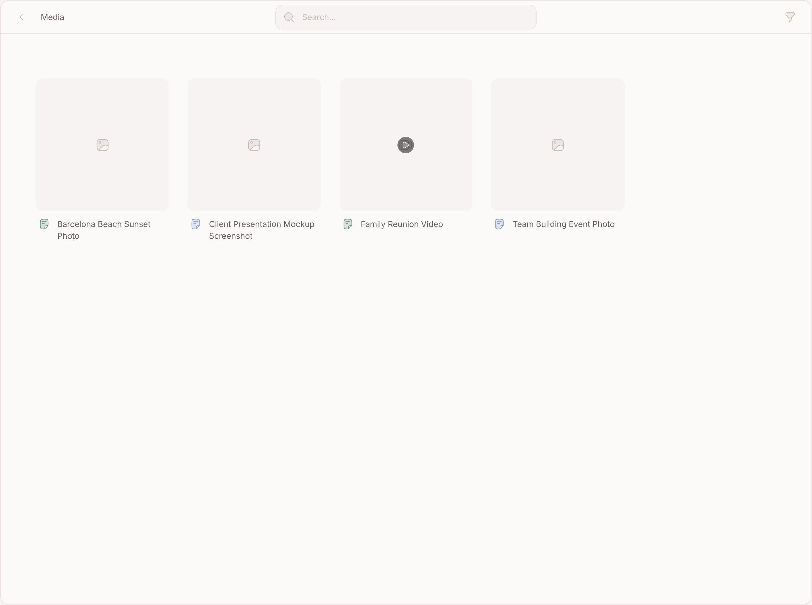 The gallery: a grid of attached images and files, filtered by kind
