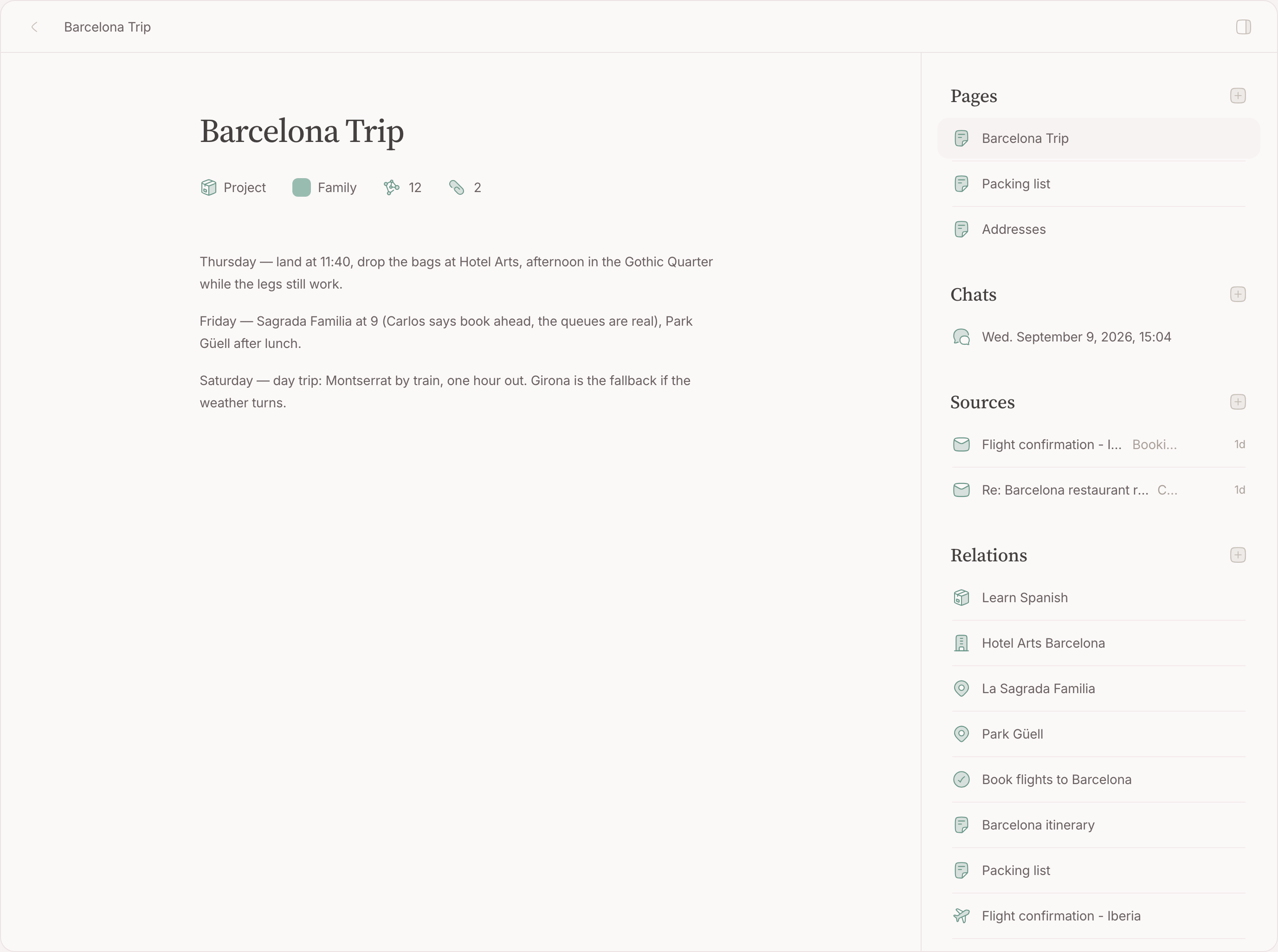 A node page: the title, the property pills and the note under it, and the sidebar with chats, sources and relations