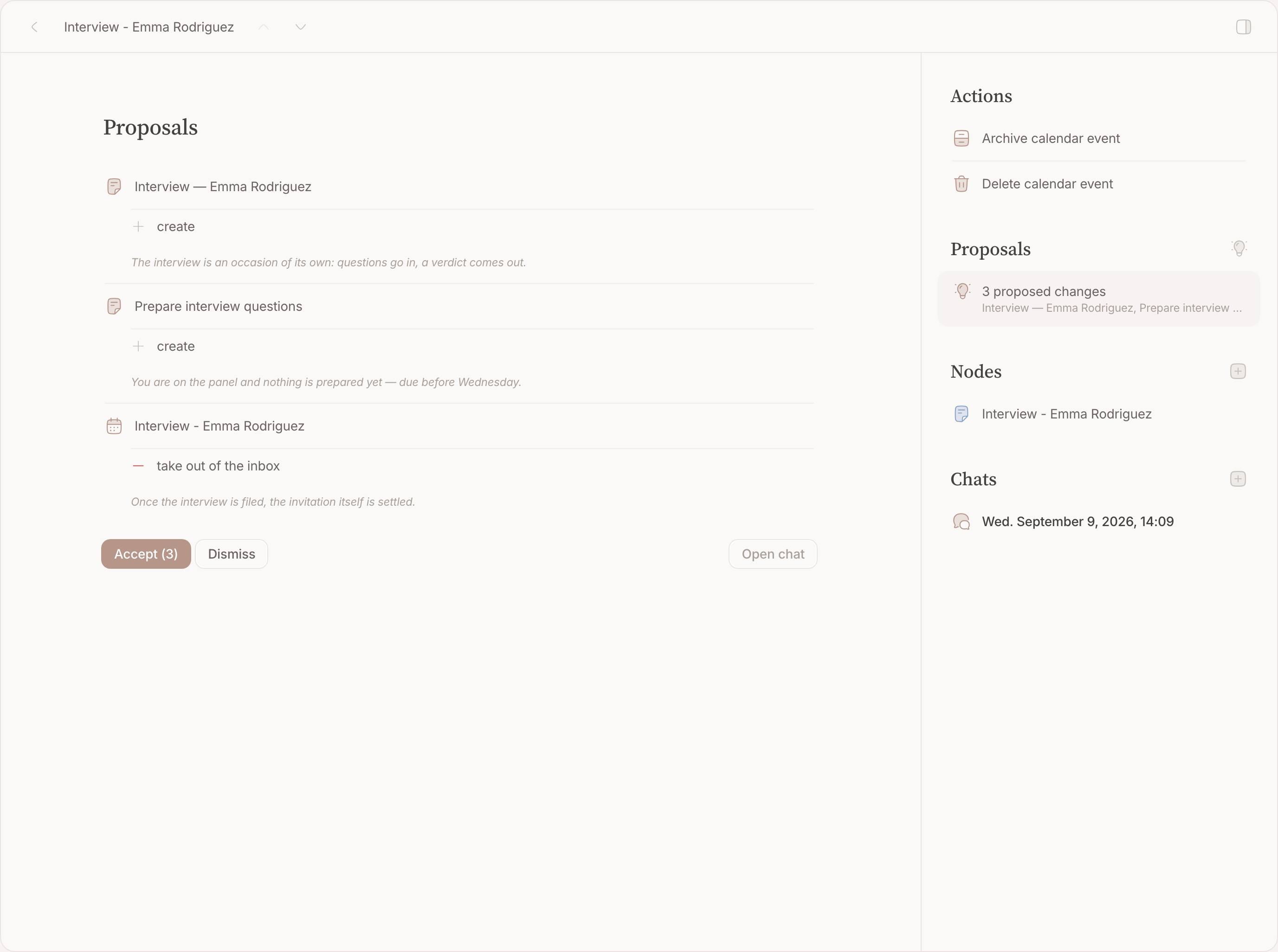 A change-set on an item's page: a proposed node, a relation and a task, each with its reason