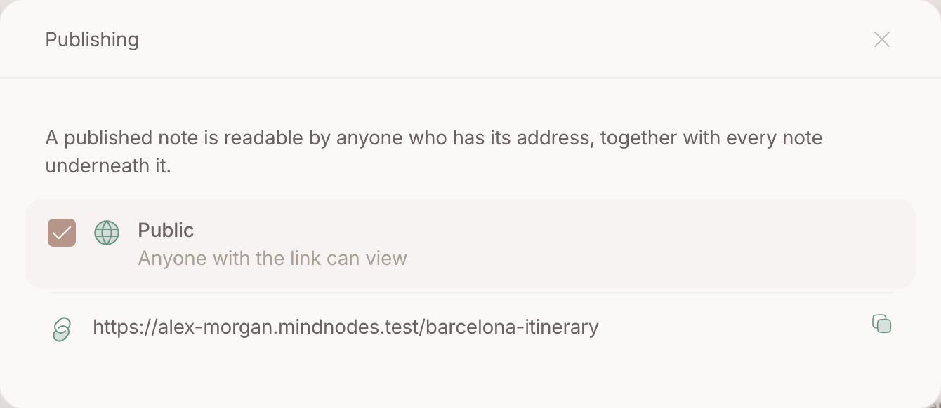 The publish checkbox with the public address underneath, ready to copy
