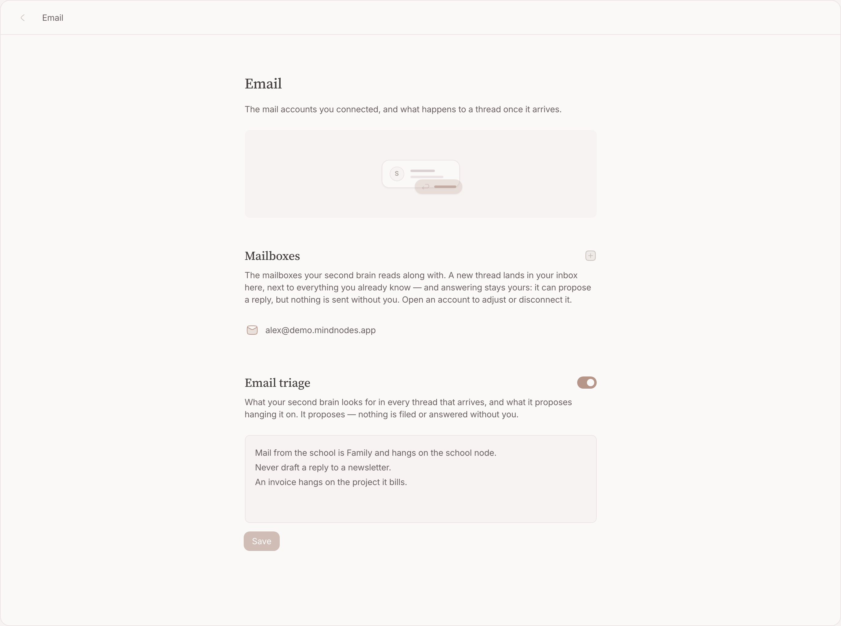 The email settings page: the connected mailboxes, and the email triage reflex beneath them with its switch and instruction box
