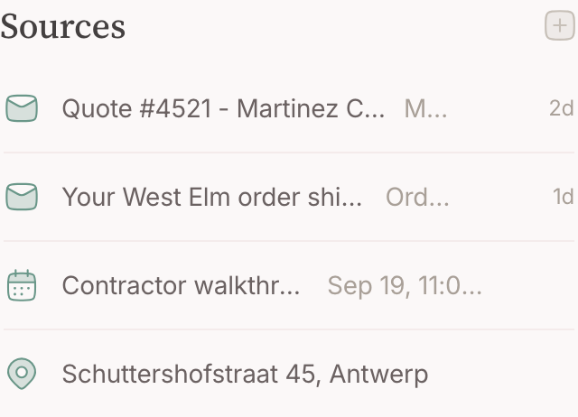 The sources card on a node page: a mail, an event, a photo and a place listed together